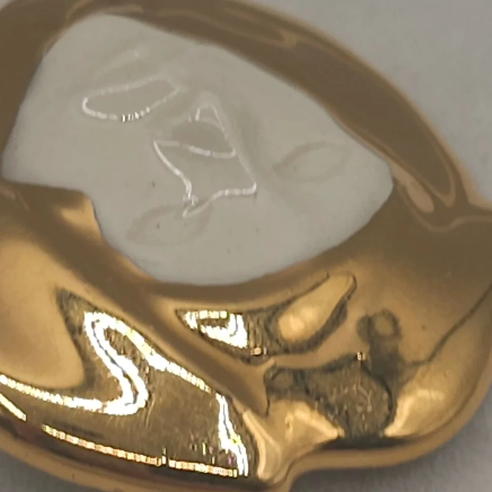 Gold Tone Brooch Ceramic Face Glazed White 2 Inch Avant Garde Ethereal